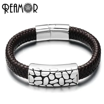 

REAMOR Fashion Men Jewelry 316L Stainless Steel Male Cuff Bracelets Wide Braided Leather Rope Charms Bangles with Magnet Buckle