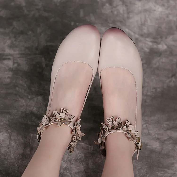 

Women Leather Flats Flower Ankle Strap Retro Shoes Low Heels Spring Handmade Genuine Leather Women Flats Mary Jane Shoes 2019