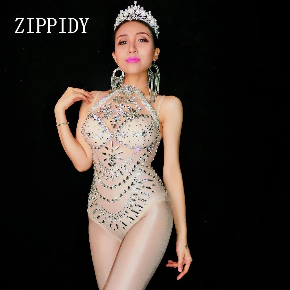 Silver Sparkly Rhinestones Mesh Leotard Glass Stones Perspective Bodysuit Performance Celebrate Dance Costume Clothing | Тематическая