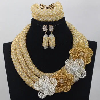 

Latest Clear AB Crystal Costume Flower Brooch Necklace Earrings Set Gold Beaded Women Party Jewelry Beads Free Shipping WD459