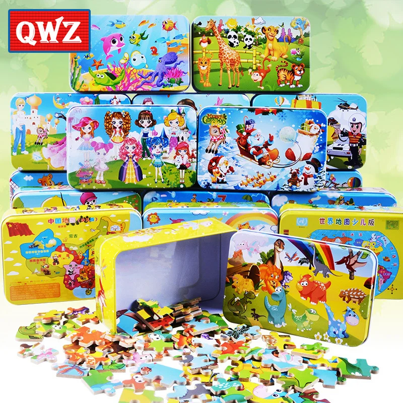 

(with Iron Box) 60pcs/set Wooden Puzzle Cartoon 3D Wood Puzzle Jigsaw wood toys for Children Early Educational Montessori Toys