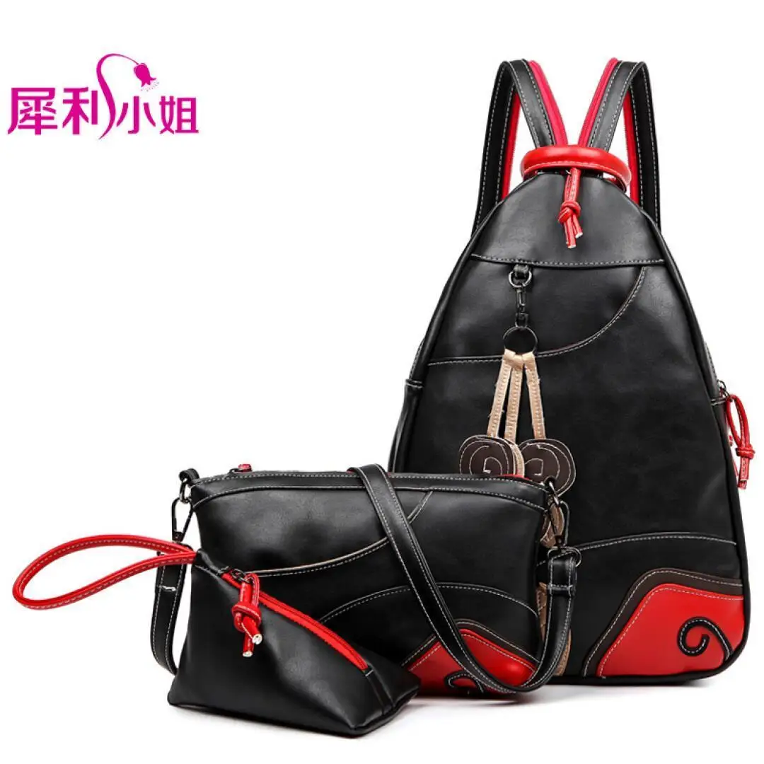 

Brand NEW Fashion Vintage Leaf Stitching Shoulder Bag Backpack three sets Multifunction Chest Women Leather Backpacks Designers