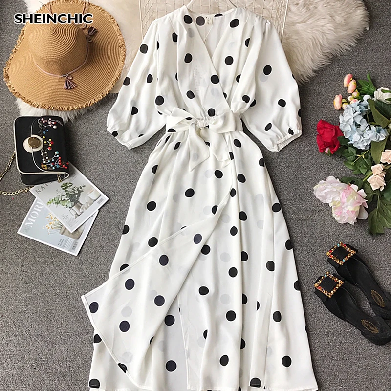 

2019 New Summer Bohemian Polka Dot Dress Boho Chic Bow Puff Sleeve Sexy V Neck Elegant Woman Dress Vestidos
