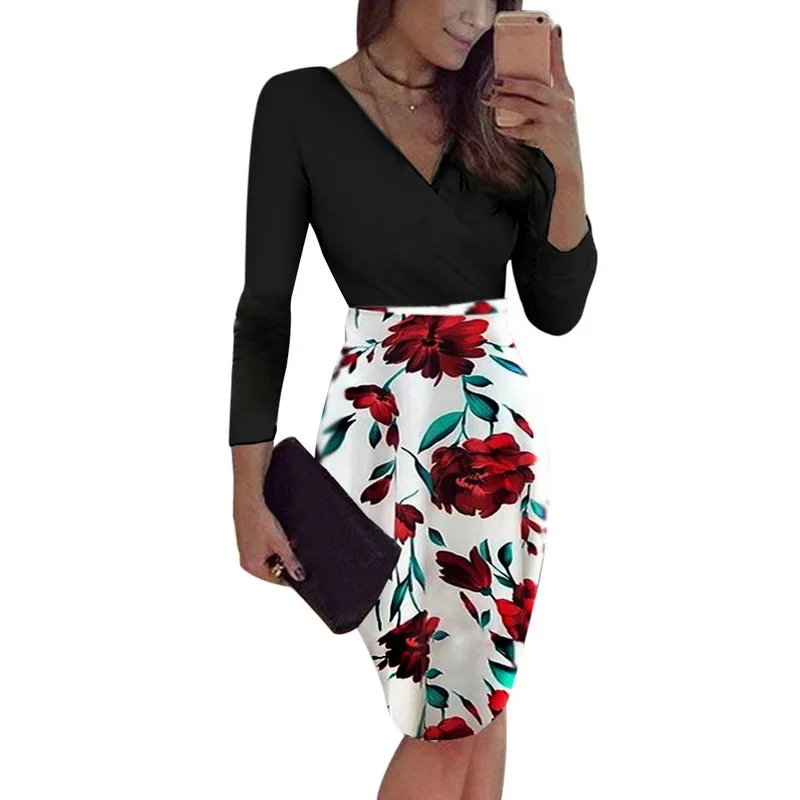 

HEFLASHOR Autumn Women Short Dress Vintage Long Sleeve V Neck Party Mini Dress Fashion Floral Print Sexy Slim Ladies Dresses