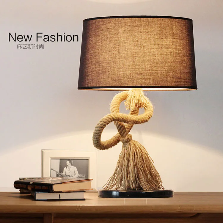 

American countryside hemp rope desk lamp. Retro table lamp bedroom bedside lights, Vintage Bar Cafe studyroom iron lamp