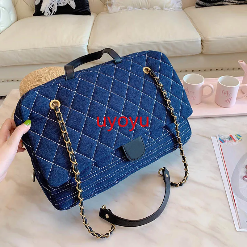 

2019 CF Luxury Brand Denim Logo Big 39*26cm Plaid Women Famous Designer Chain Shoulder Bag Handbag Crossbody For Women Bags