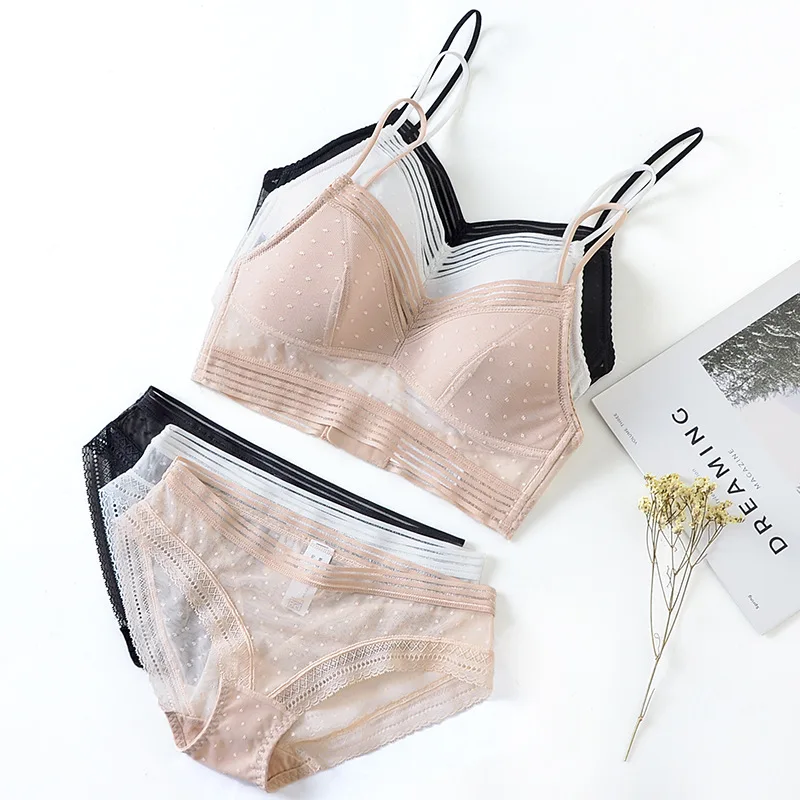 

Sexy U Backless Invisible Bra Set Thin Cup Striped Polka Dots Mesh Bra and Panties Set Underwear without Stones Lingerie Women