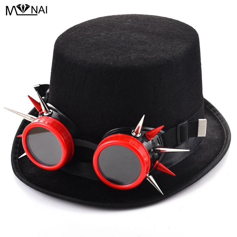 Шляпы в стиле стимпанк для мужчин красные заклепки очки шляпа шип черные/красные очки Fedora шляпы для косплея с паром панк-очки