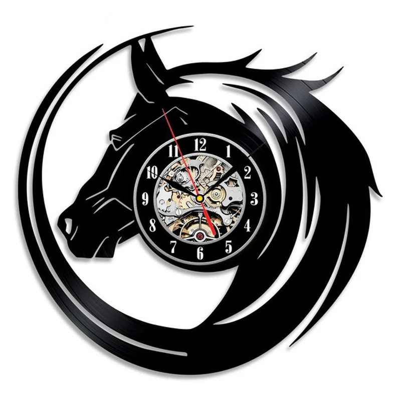 

Horses Vinyl Record Wall Clock Modern Design Animals Horse Riding Laser Etched Vinyl Clocks LED Wall Watch Gift For Horseman