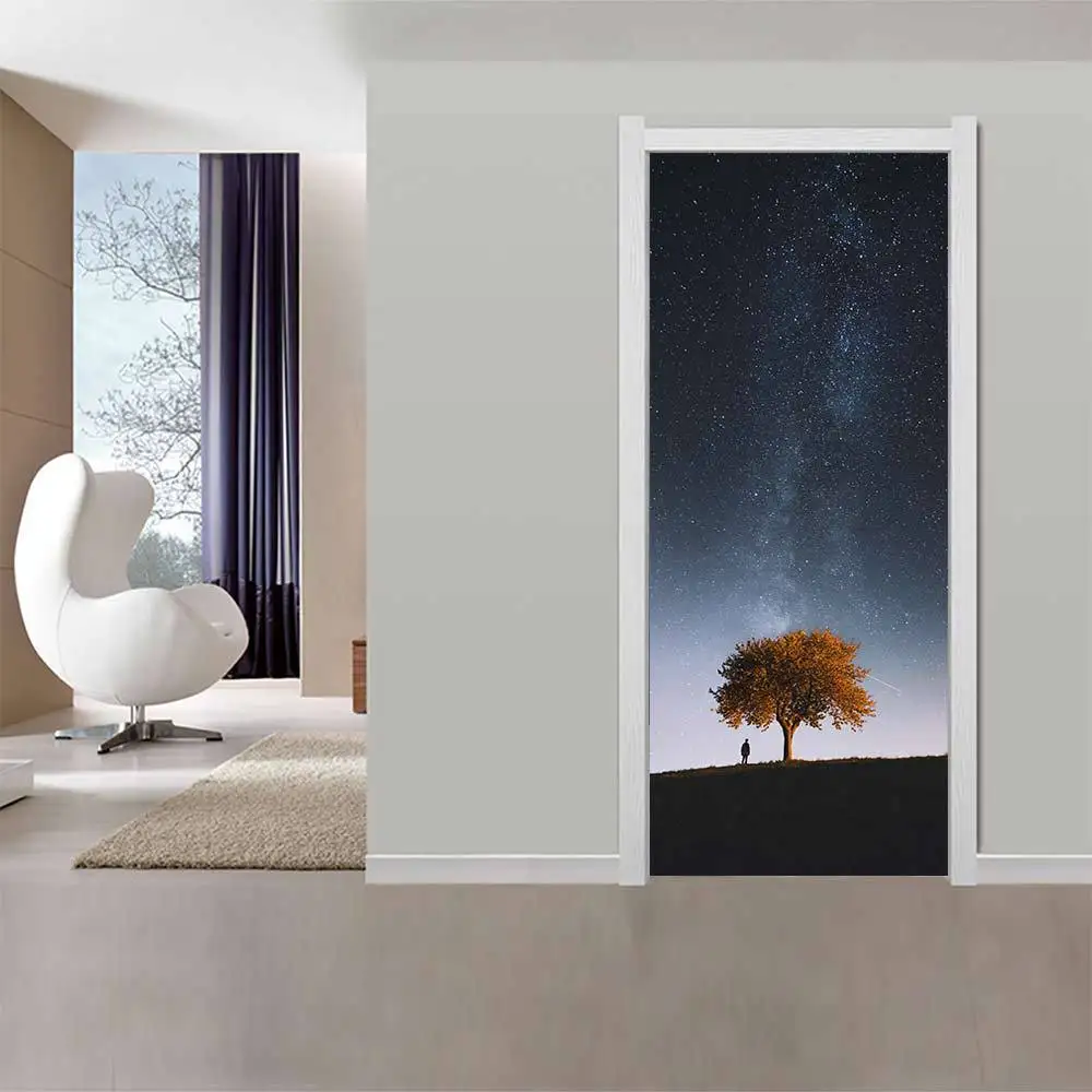 Starry Sky Tree Door Wall Stickers Bedroom Home Decoration Poster PVC Waterproof Door Stickers Imitation 3D Decal