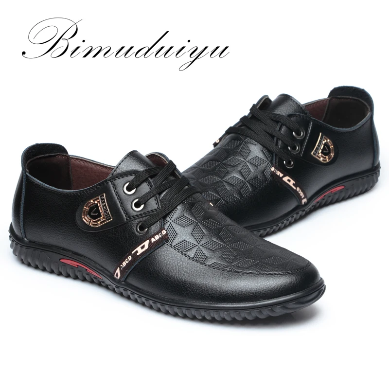 BIMUDUIYU Luxury Brand Hot Sale Breathable Soft Men Casual Leather Shoes Lace-up Flat Black Shoes Zapatillas Deportivas Hombre