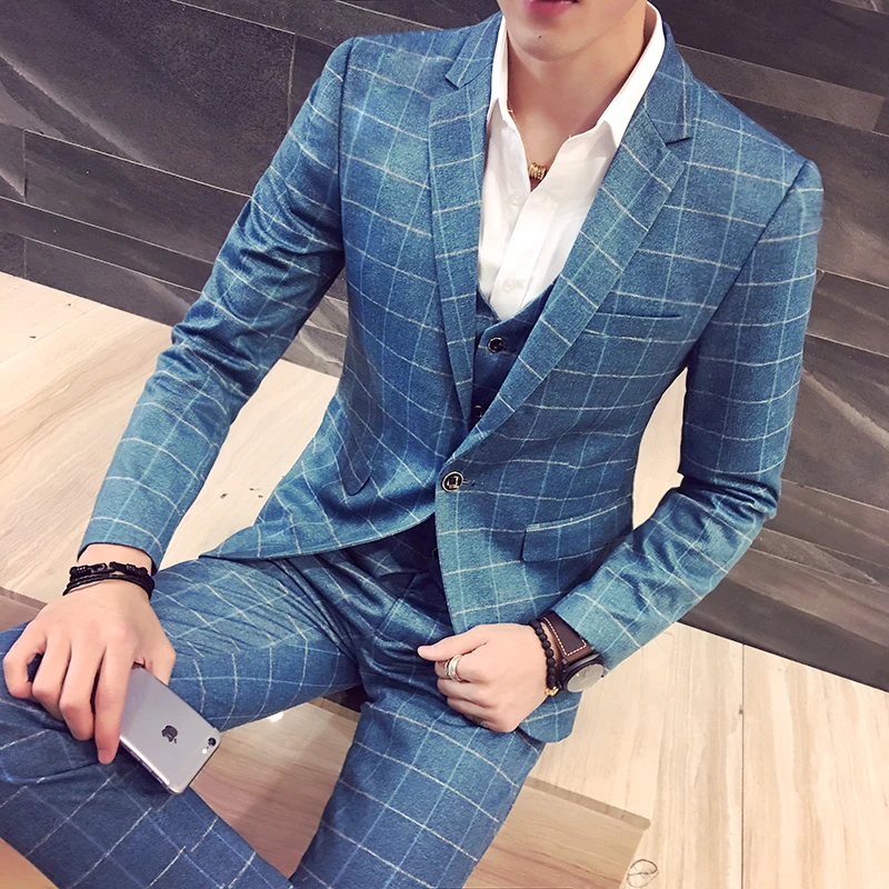 Азиатский размер модный бутик мужской Одноместный синий клетчатый официальный деловой костюм комплект из 3 предметов мужские высококачественные повседневные Костюмы