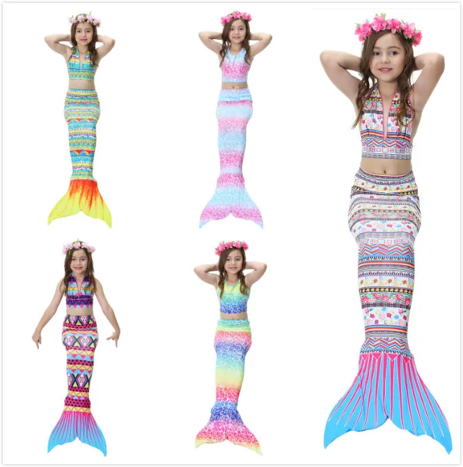 

2-12Y Girls Exotic Mermaid Tail Princess Dress With Garland Child Vest Halter Geometric Mermaid Beachwear Cosplay Bathing Suit
