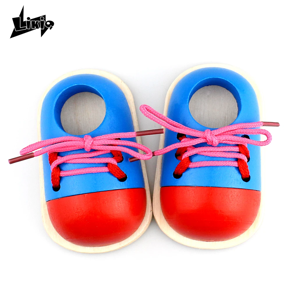 Likiq 2pcs Wooden Toys Toddler Shoelace Lacing Shoes Baby Kid Practice