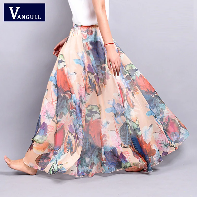

Chiffon Skirt Summer bohemian Floral Print Beach Maxi Pleated flower Long Skirt 2016 New Fashion Casual Skirts For Women