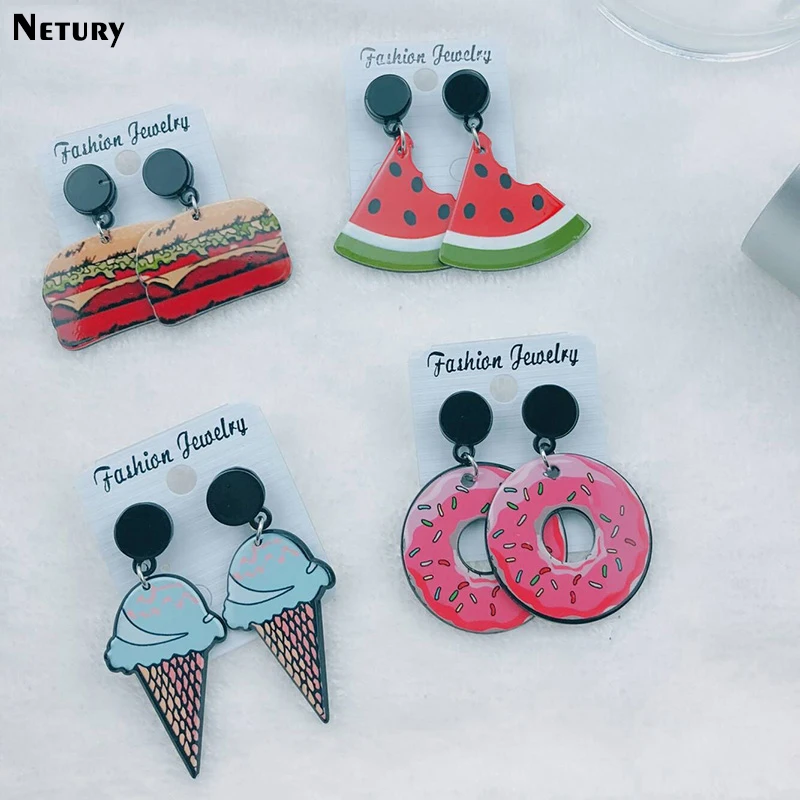 

New HOT Women Acrylic summer fashion earrings Donut fruit Ice cream Harajuku cartoon stud earrings funny party girl cute jewelry