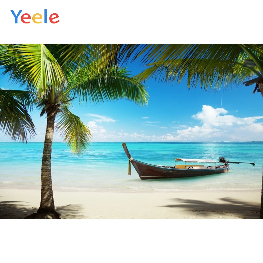 

Yeele Sky Clouds Sea Beach Palm Tree Boat Summer Photography Backgrounds Customized Photographic Backdrops for Photo Studio