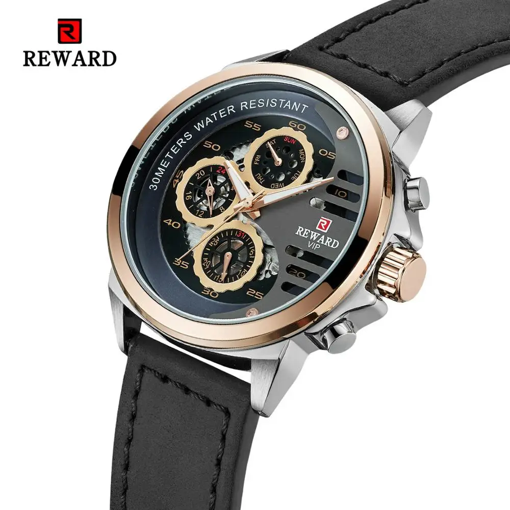 

REWARD Top Brand Luxury Quartz Watch Men Skeleton Quartz Analog Clock Calendar Leather Strap Wristwatch Japanese Import Movement