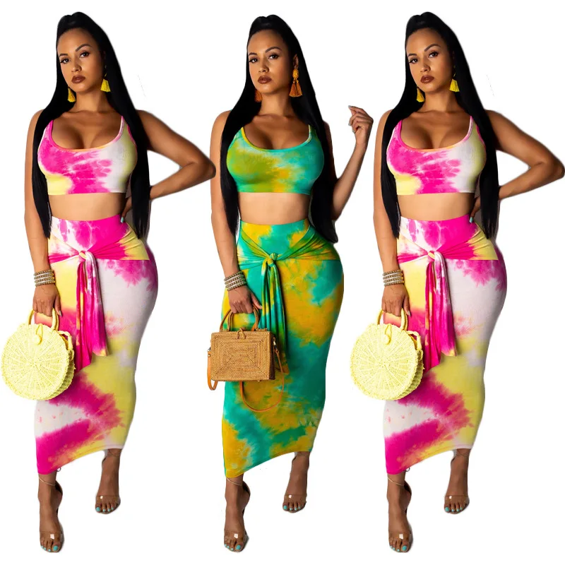 

Set female 2019 summer new European and American sexy women's casual tie-dyed camisole tight skirt two-piece BONJEAN
