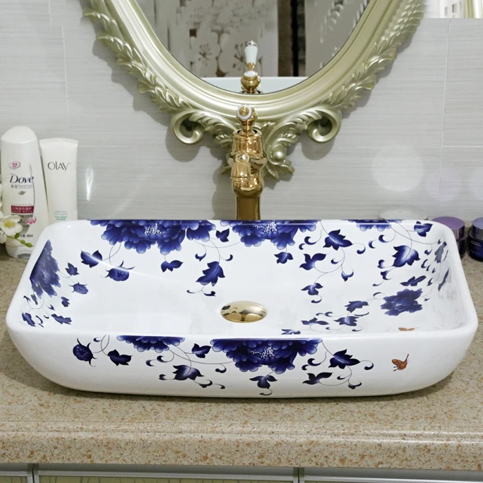 

Blue and white hot sale easy use porcelain basin for washing hands