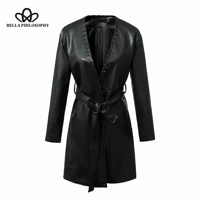 Wonder 2018 new autumn Faux Leather PU Jackets Vintage Street Female Black Belt Long Jackets Casual Lady Sashes V-Neck Outwears