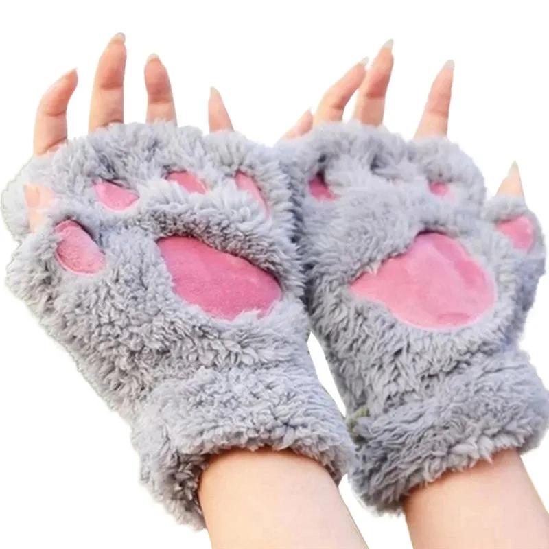 Новинка года женские милые зимние теплые перчатки без пальцев пушистый медведь кошка плюшевая лапа коготь Половина перчатки варежки#40 - Цвет: Серый