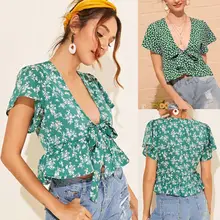 Women Summer Blouse Floral Wide Sleeve Ruffle Low-cut Tops Ladies Casual V Neck Top Blouse Shirt Vintage v neck slit sleeve high low blouse
