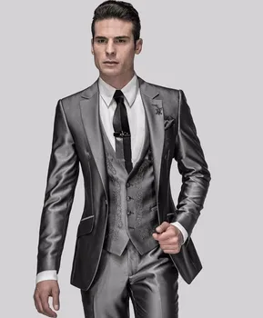 

2017 Custom Made 3 Pieces Shinny Gray Wedding men Suit Men One Button Suits Two Pockets Terno Masculino Groom Wedding Suits