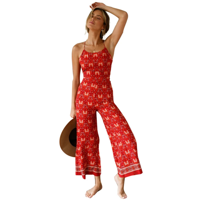 

Women 2019 New sexy Vintage Floral Print Boho trappy Lace Up Jumpsuit Summer Romper Lady Overalls Long Pants Backless Playsuit