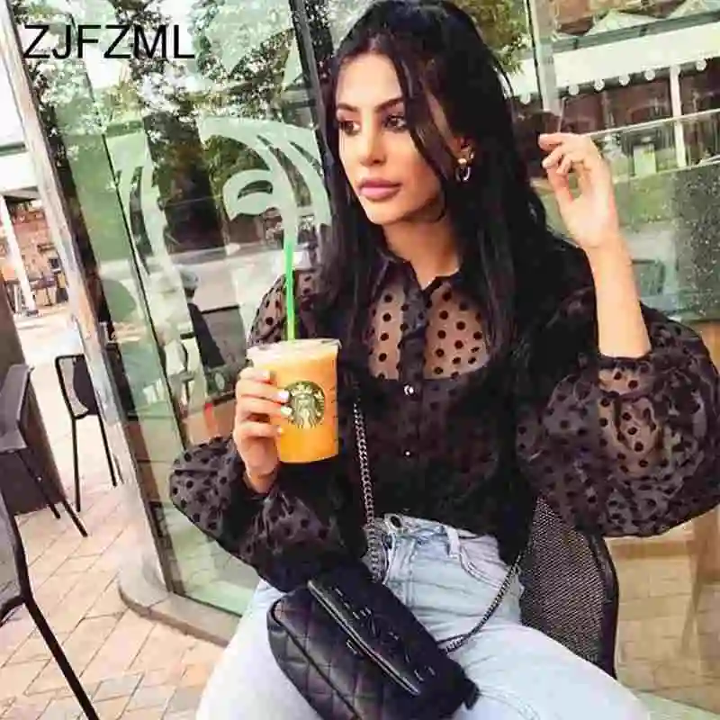 

Polka Dot Lantern Sleeve Womens Tops and Blouses Sexy Transparent Buttons Up Mesh Shirts Elegant Black White Loose Ladies Tops