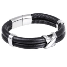Granny Chic Fashion Stainless Steel Chain Genuine Leather Bracelet Men Vintage Male Double Layer Braid Jewelry for women chic faux leather bracelet jewelry for women