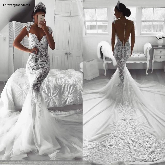 

African Wedding Dress Mermaid Lace Sheer Backless With Buttons Covered Long Garden Country Church Bride Bridal Gown Custom Made