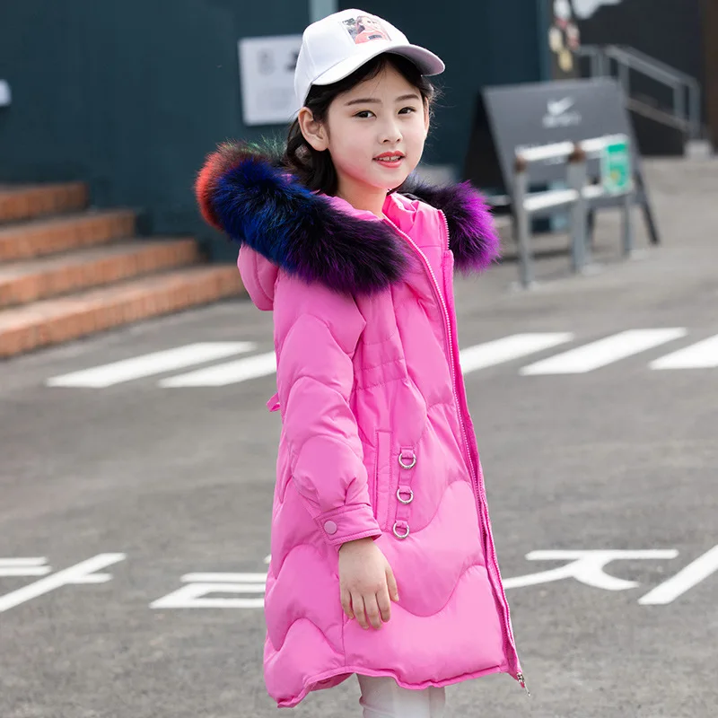 

HYLKIDHUOSE 2018 Girls Winter Coats Children Duck Down Long Jackest Thicken Warm Windproof Colored Fur Collar Outerwear Parkas