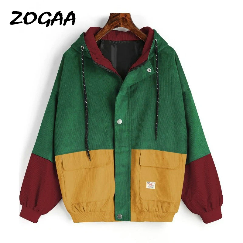 

Winter Hooded Corduroy Jacket Long Sleeve Harajuku Windbreaker Pocket Color Patchwork Autumn Coats Plus Size Bomber Jackets 3XL