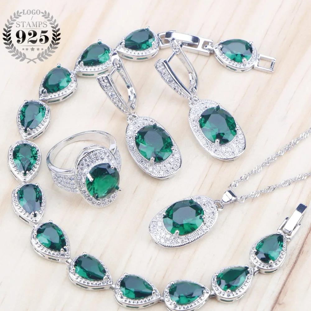 

Green Bridal Cubic Zirconia Jewelry Sets Women Costume Silver 925 Jewelry With Earrings Rings Bracelet Pendants& Necklaces Set