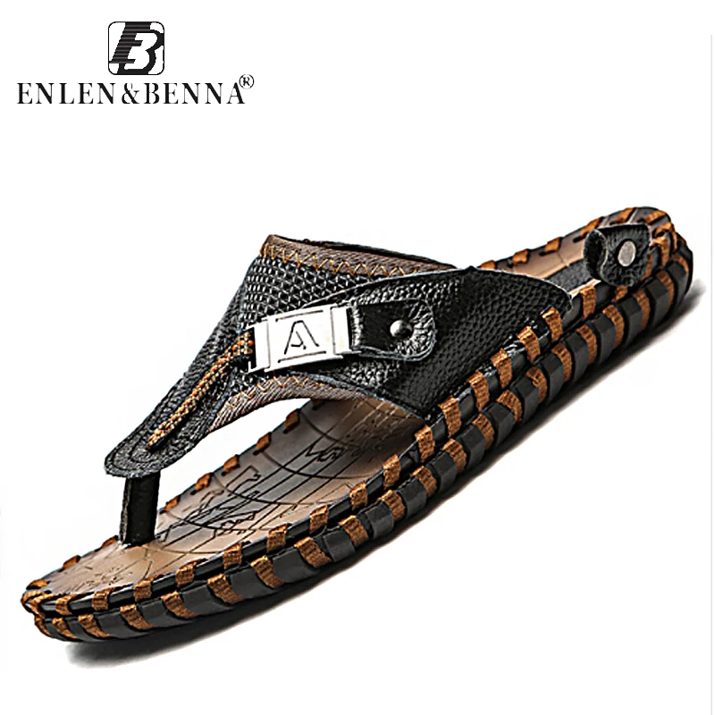 Buy Brand Men's Luxury Flip Flops 2018 Genuine Leather Slippers Summer Beach