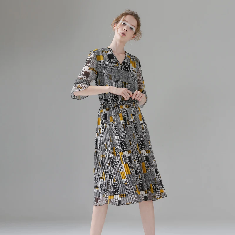 Женское платье с геометрическим принтом V образным вырезом и рукавом 2019|long dress|summer
