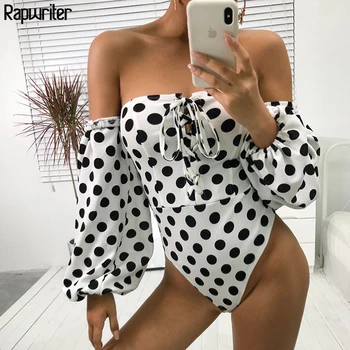 

Rapwriter Sexy Off Shoulder Slash Neck Lace Up Polka Dot Bodysuits Women 2019 Spring Long Lantern Sleeve Open Crotch Bodysuit