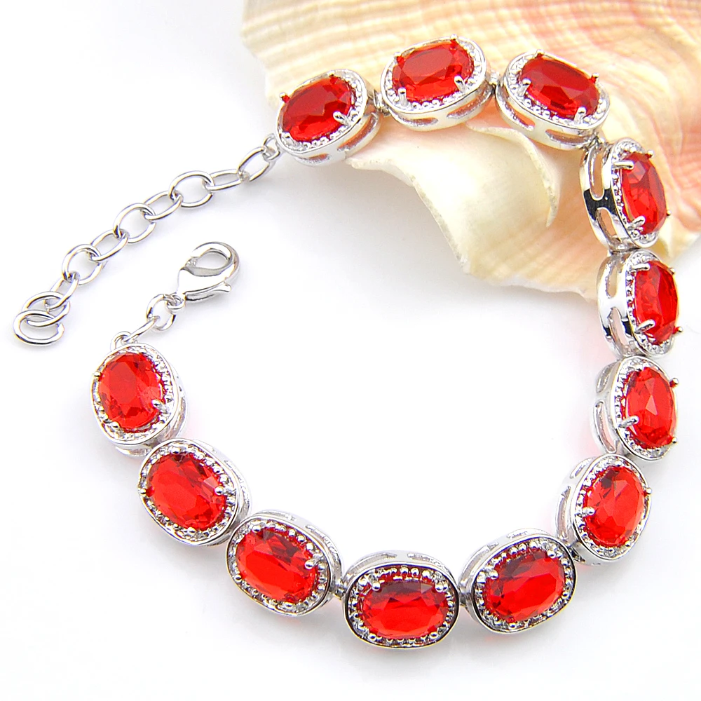LuckyShine Women Shining Oval Mystic Red Garnet Zircon Silver Chain Bracelets for Wedding Party Gifts New