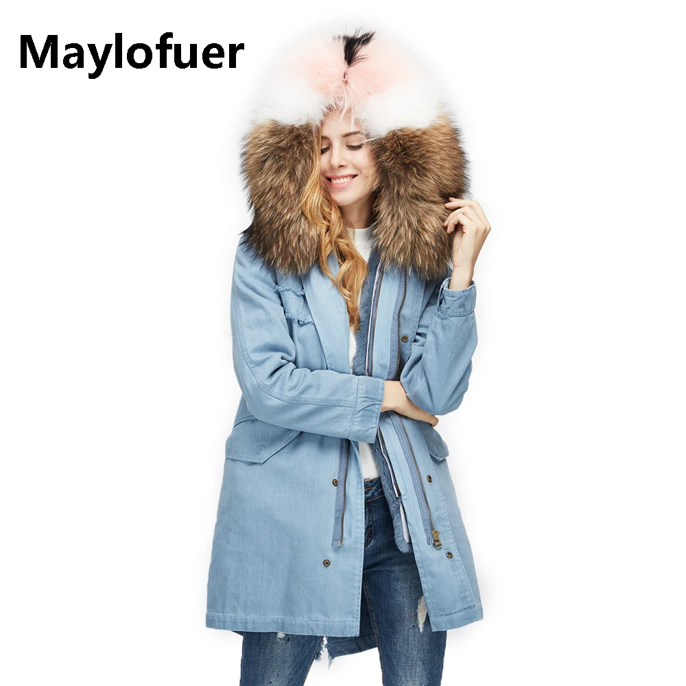

Maylofuer Real Rex Rabbit Fur Liner Parka Women Natural Raccoon Fur Collar Hooded Coat Winter Fashion Jean ChaquetaParkas