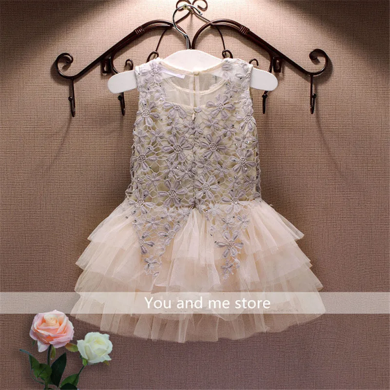 

2016 Summer New Lace Vest Girl Dress Baby Girl Princess Dress 4-6 Age Chlidren Clothes Kids Party Costume Ball Gown Beige