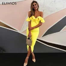 Elsvios двойными рюшами Slash Средства ухода за кожей шеи летнее платье 2018 Boho Стиль женское платье с открытыми плечами Бабочка рукавом Slim Разделение Платья для вечеринок
