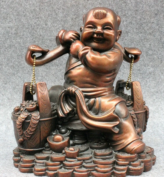 

005150 9" Folk Chinese Pure Bronze Wealth Happy Kid Child Shoulder Barrel Bucket Statue