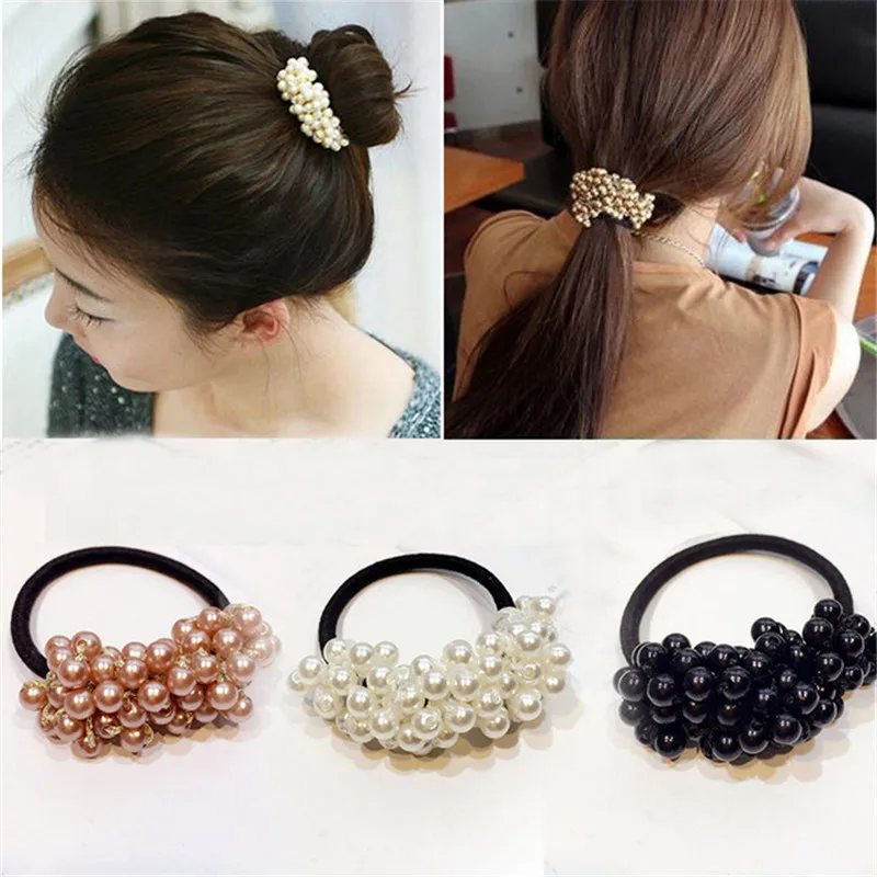 

Vintage Women hair Accessories Pearls Beads Elastic Hair Bands Headbands Ponytail Holder Scrunchies Rubber Rope Headdress