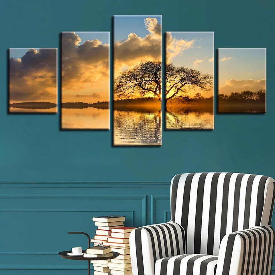 Холст плакат стены Искусство рамки 5 панель закат озеро Картина Пейзаж с деревом модульные печатные изображения HD модульная Декор для гостиной