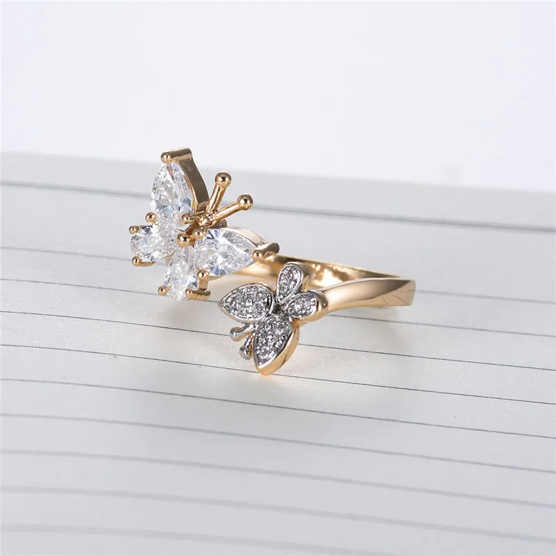 BUDONG, Новое поступление, очаровательные кольца высокого качества золотого цвета, открытые кольца с бабочкой, женские свадебные кольца с кристаллами, циркония, ювелирные изделия для женщин, XUR688