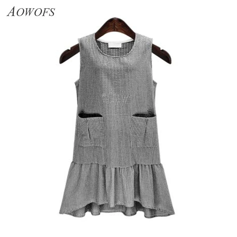 

2018 Cotton and Linen Women Dress Summer Sleeveless 0-Neck Plus Size Plaid Print Pocket Knee-Length Vestidos ZRD1072