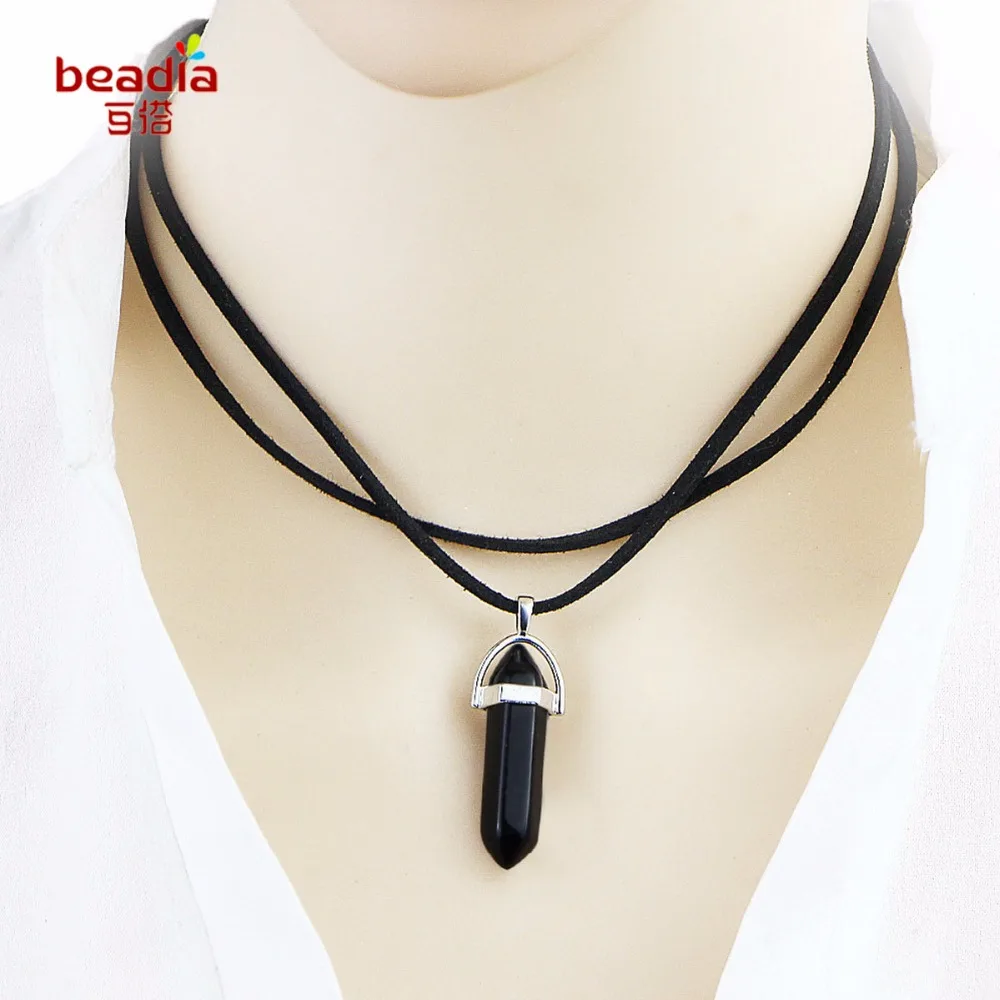 

Wholesale 1pc/bag Bohemian style Hexagonal natural stone Leather rope necklace Pendant for Men & Women Jewelry Gift
