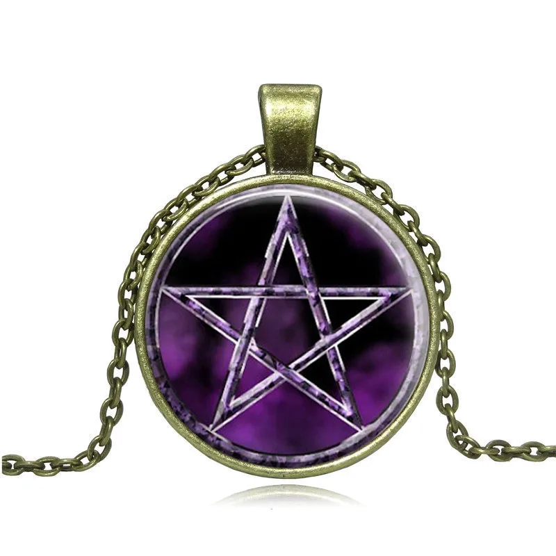 Necklace for Men Colorful Flames Wiccan Glass Pendant Necklace Charms Personality Pentagram Jewelry Occult Necklaces Pendants