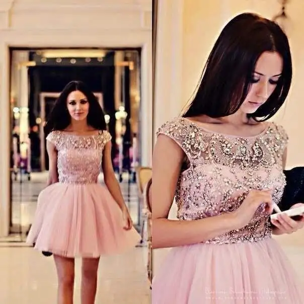 Modest Crystal Cap Sleeve Pink Tulle Semi Formal Cocktail Homecoming Dress New Fashion Girl 8th Grade Graduation Dresses 2013 | Свадьбы и
